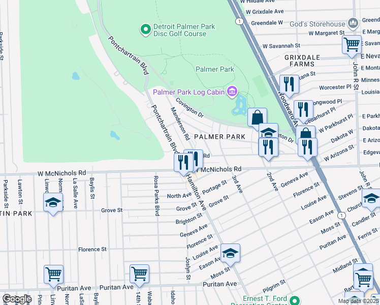 map of restaurants, bars, coffee shops, grocery stores, and more near 17180 Pontchartrain Boulevard in Detroit