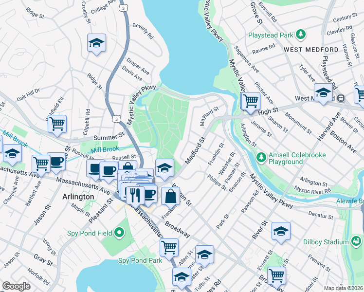 map of restaurants, bars, coffee shops, grocery stores, and more near 32 Sherborn Street in Arlington
