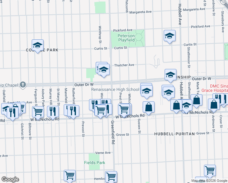 map of restaurants, bars, coffee shops, grocery stores, and more near 17356 Greenfield Road in Detroit