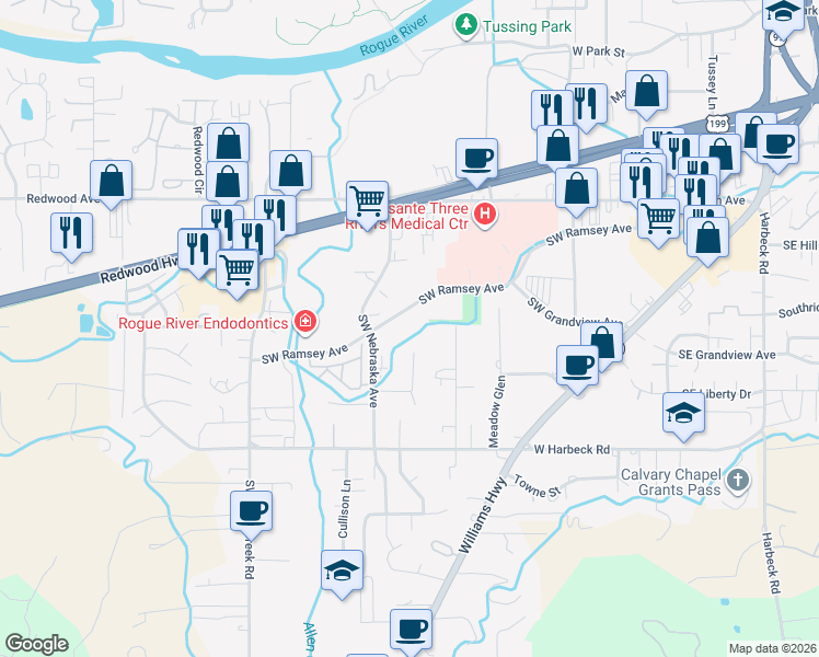 map of restaurants, bars, coffee shops, grocery stores, and more near 715 Southwest Ramsey Avenue in Grants Pass