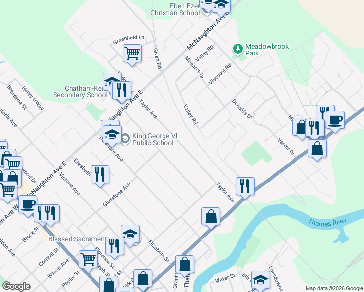 map of restaurants, bars, coffee shops, grocery stores, and more near 62 Taylor Avenue in Chatham-Kent