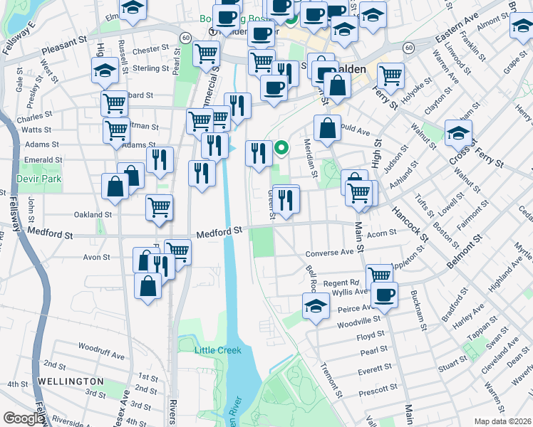 map of restaurants, bars, coffee shops, grocery stores, and more near 59 Green Street in Malden