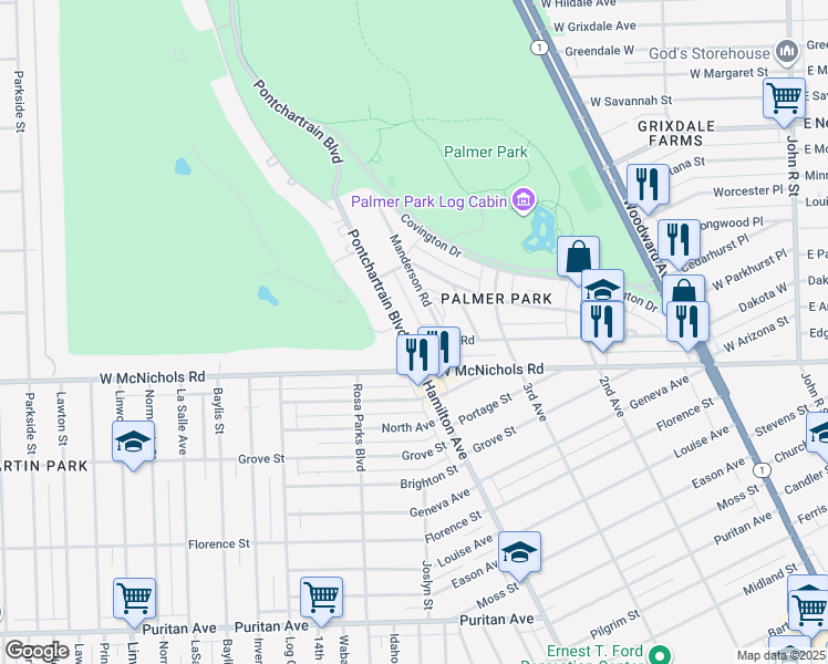 map of restaurants, bars, coffee shops, grocery stores, and more near 17180 Pontchartrain Boulevard in Detroit