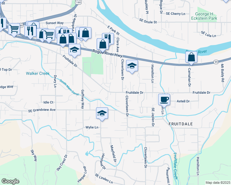 map of restaurants, bars, coffee shops, grocery stores, and more near 1295 Fruitdale Drive in Grants Pass