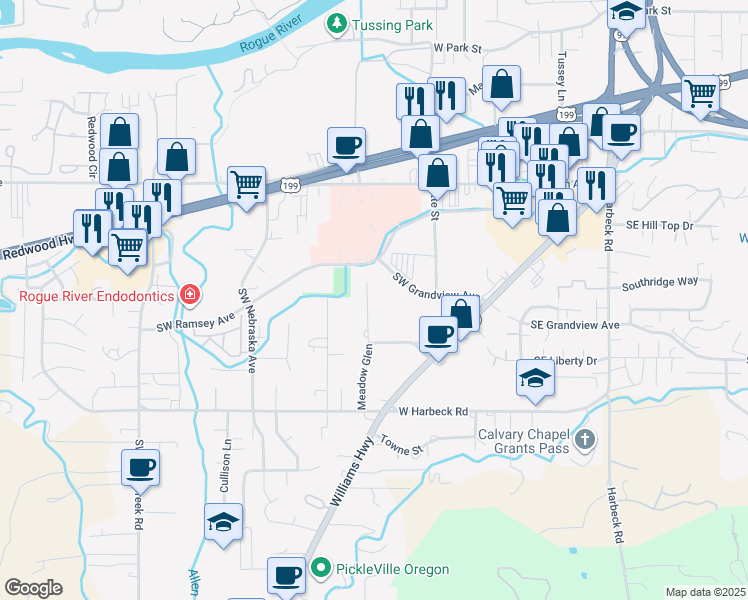 map of restaurants, bars, coffee shops, grocery stores, and more near 1885 Meadow Glen in Grants Pass