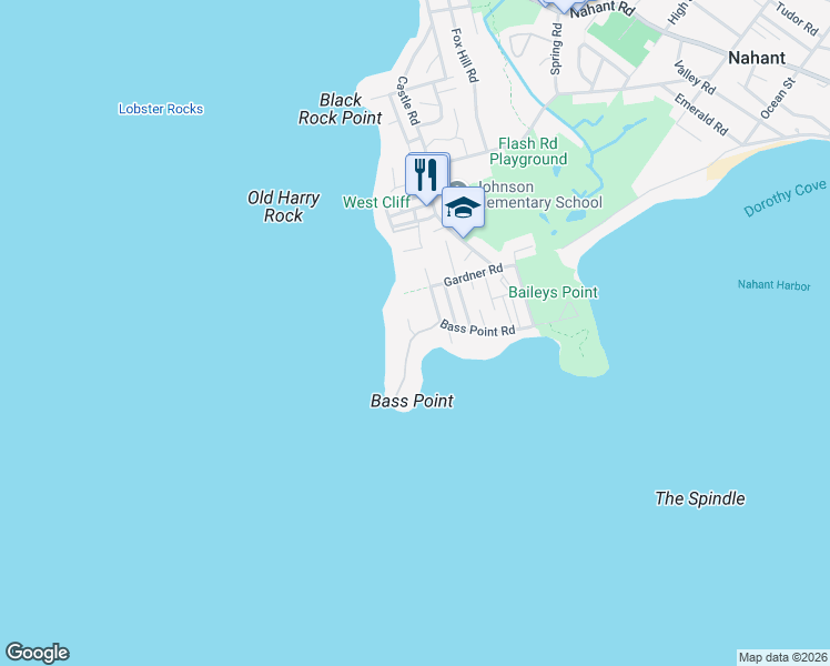 map of restaurants, bars, coffee shops, grocery stores, and more near 12 Sea Breeze Lane in Nahant