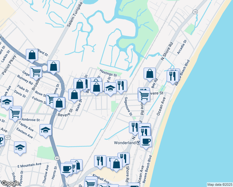 map of restaurants, bars, coffee shops, grocery stores, and more near 407 Revere Street in Revere