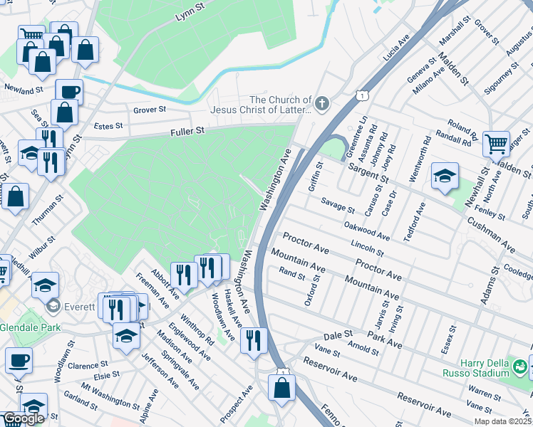 map of restaurants, bars, coffee shops, grocery stores, and more near 233 Washington Avenue in Revere