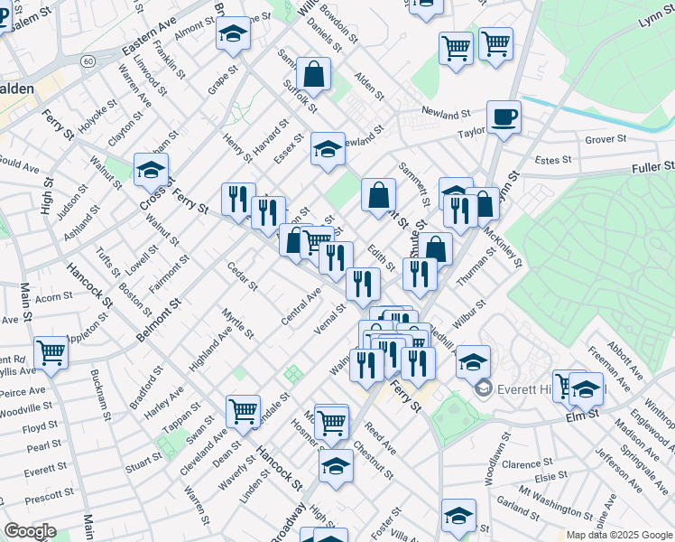 map of restaurants, bars, coffee shops, grocery stores, and more near 9 Rock Valley Avenue in Everett
