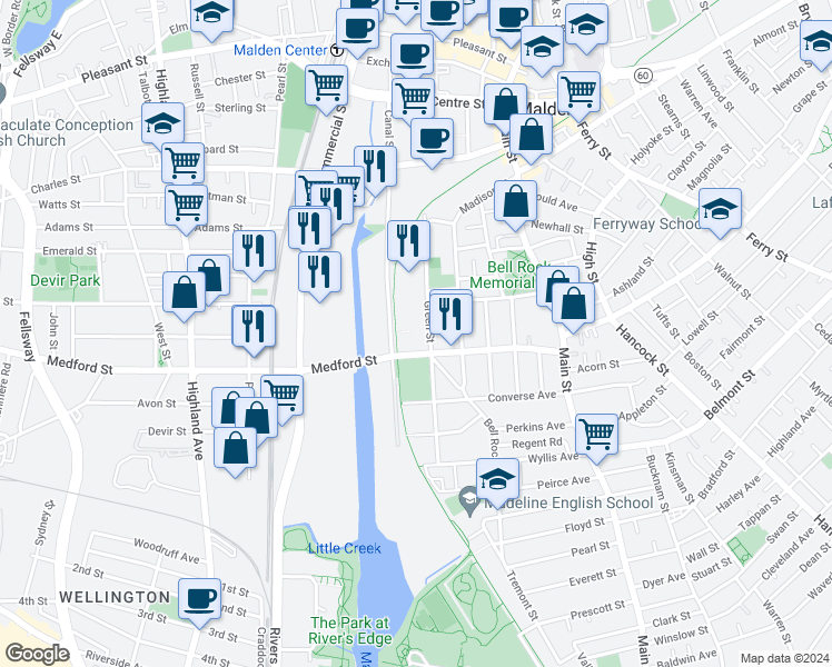 map of restaurants, bars, coffee shops, grocery stores, and more near 59 Green Street in Malden