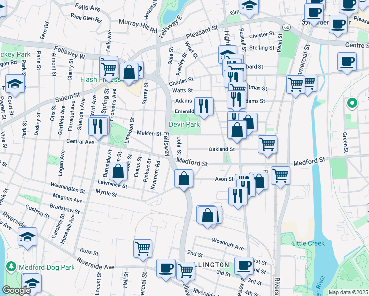map of restaurants, bars, coffee shops, grocery stores, and more near 36-38 John Street in Malden