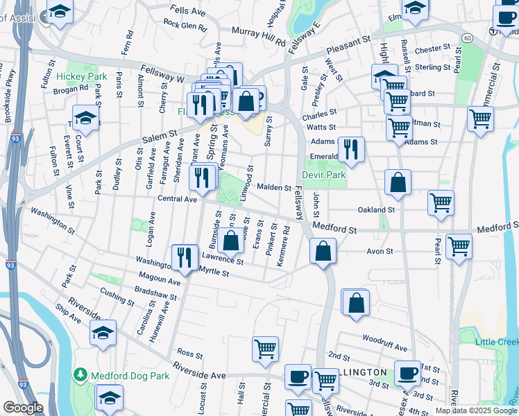 map of restaurants, bars, coffee shops, grocery stores, and more near 218 Central Avenue in Medford