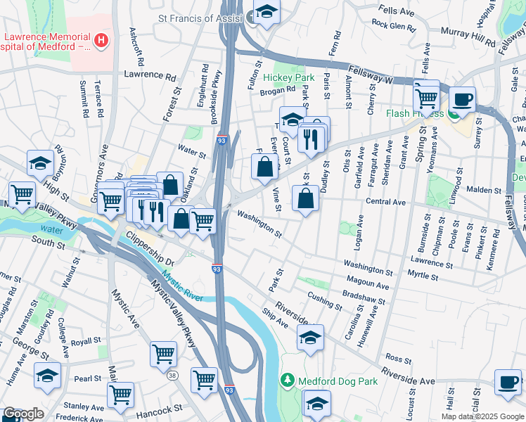map of restaurants, bars, coffee shops, grocery stores, and more near 6r Franklin Street in Medford