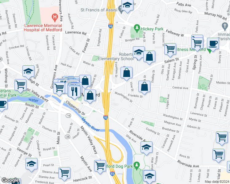 map of restaurants, bars, coffee shops, grocery stores, and more near 3 Washington Street in Medford