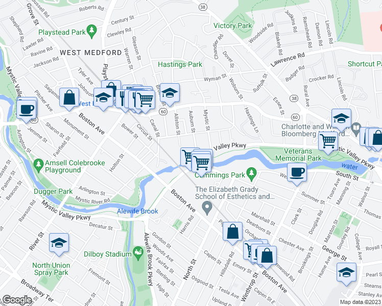 map of restaurants, bars, coffee shops, grocery stores, and more near 71 Auburn Street in Medford