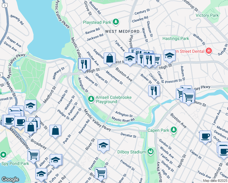 map of restaurants, bars, coffee shops, grocery stores, and more near 84 Jerome Street in Medford
