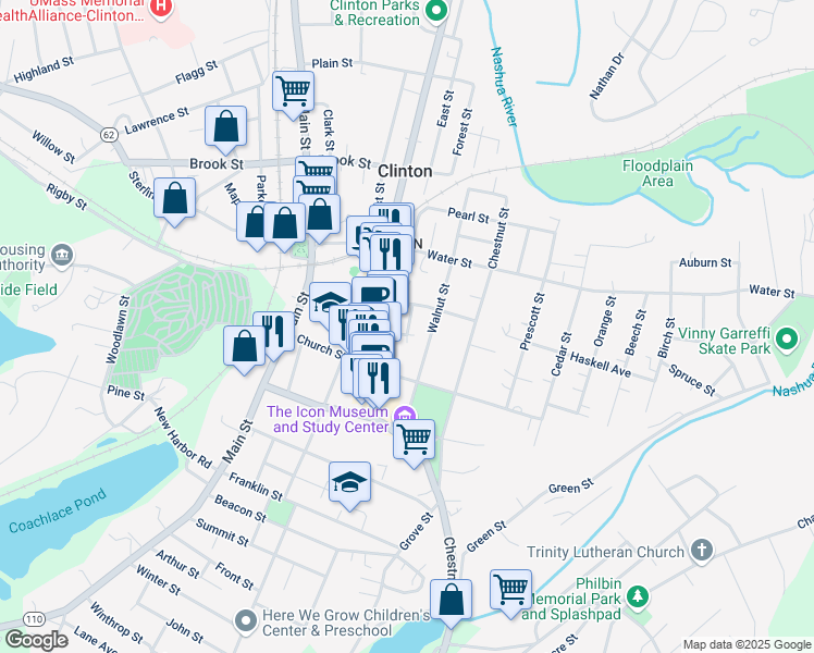 map of restaurants, bars, coffee shops, grocery stores, and more near 32 Pierce Place in Clinton