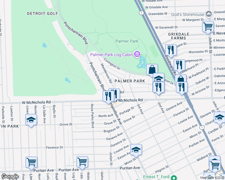 map of restaurants, bars, coffee shops, grocery stores, and more near 17180 Pontchartrain Boulevard in Detroit