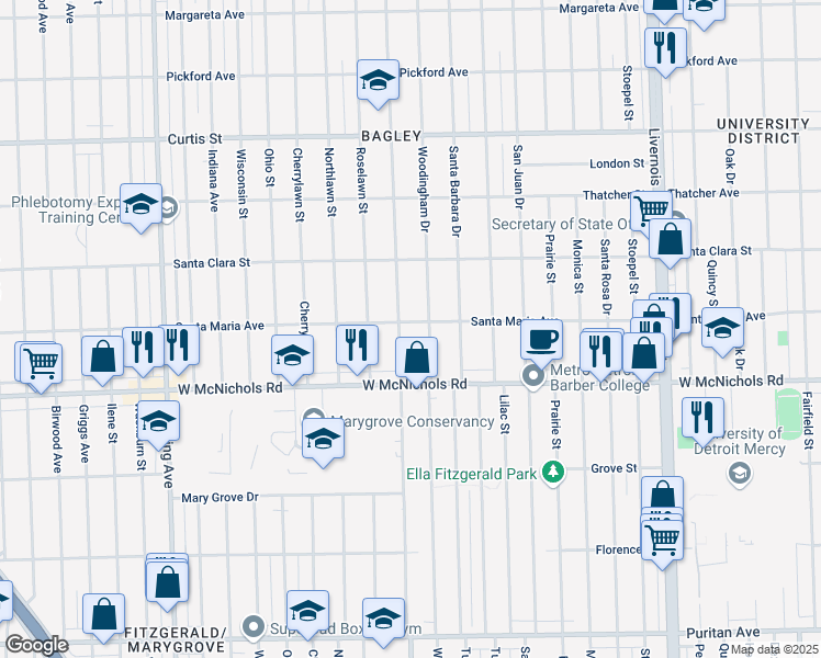 map of restaurants, bars, coffee shops, grocery stores, and more near 17194 Greenlawn Street in Detroit