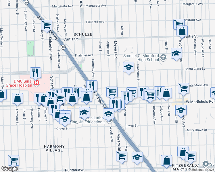 map of restaurants, bars, coffee shops, grocery stores, and more near 17234 Steel Street in Detroit