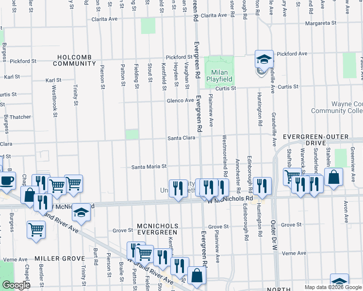 map of restaurants, bars, coffee shops, grocery stores, and more near 17575 Vaughan Street in Detroit
