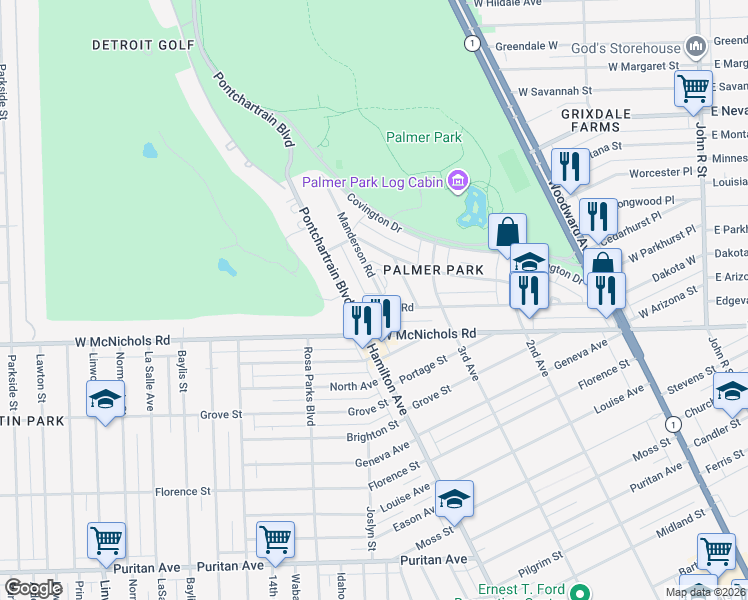 map of restaurants, bars, coffee shops, grocery stores, and more near 1000 Merton Road in Highland Park