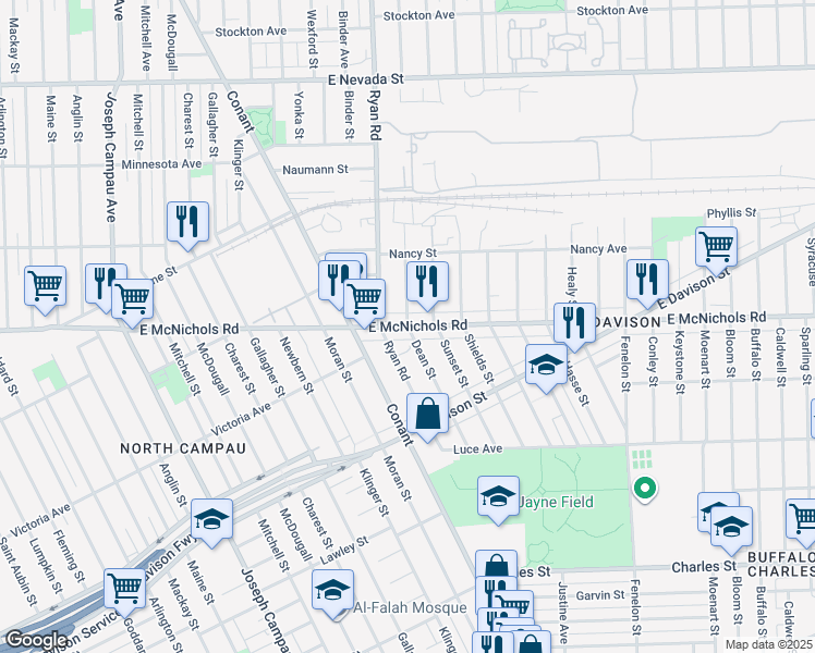 map of restaurants, bars, coffee shops, grocery stores, and more near McNichols Rd E & Dean St in Detroit