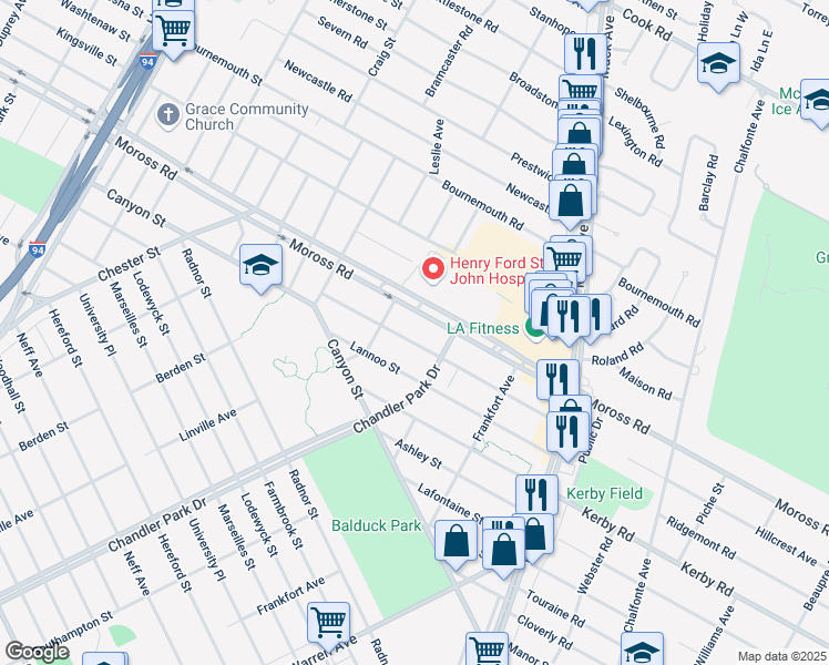 map of restaurants, bars, coffee shops, grocery stores, and more near 5662 Hillcrest Street in Grosse Pointe