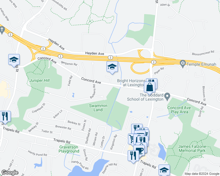map of restaurants, bars, coffee shops, grocery stores, and more near 456 Concord Avenue in Lexington