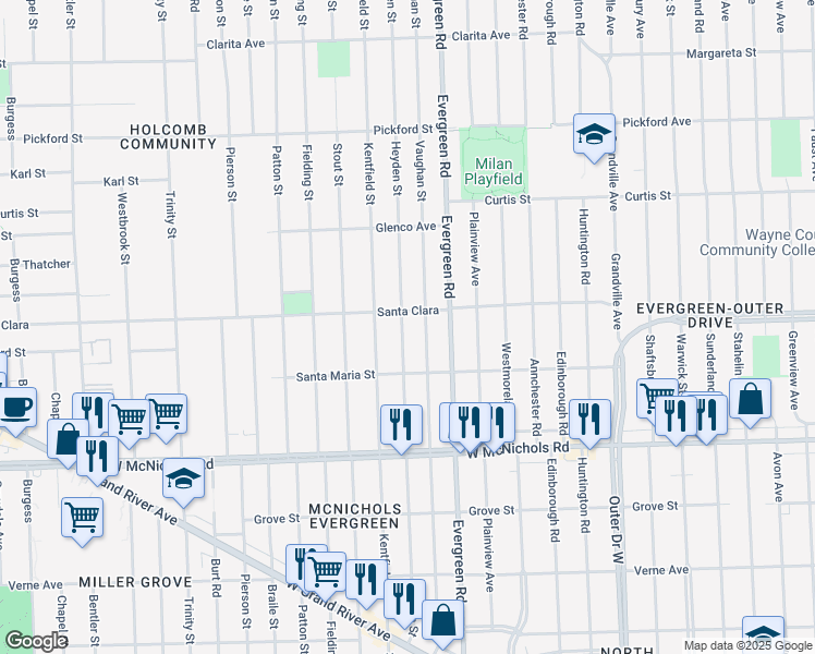 map of restaurants, bars, coffee shops, grocery stores, and more near 17575 Vaughan Street in Detroit