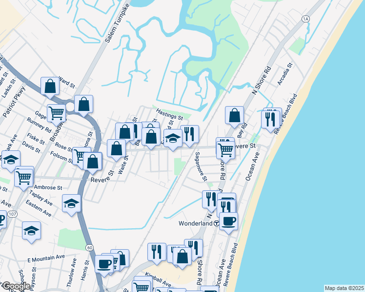 map of restaurants, bars, coffee shops, grocery stores, and more near 407 Revere Street in Revere