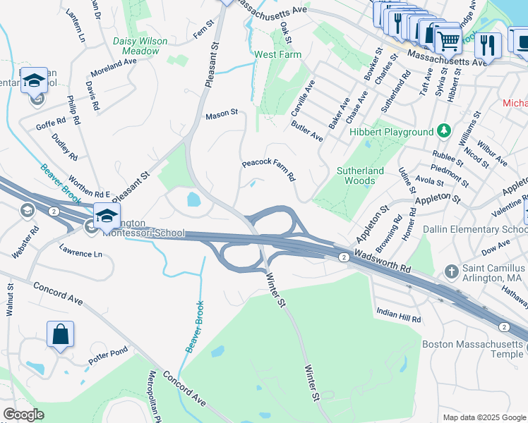 map of restaurants, bars, coffee shops, grocery stores, and more near Watertown Street in Lexington