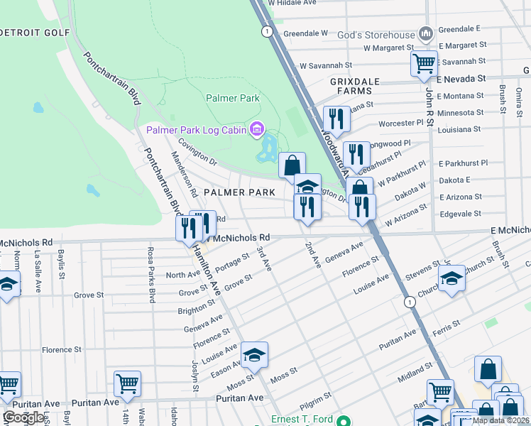 map of restaurants, bars, coffee shops, grocery stores, and more near 672 Merton Road in Highland Park