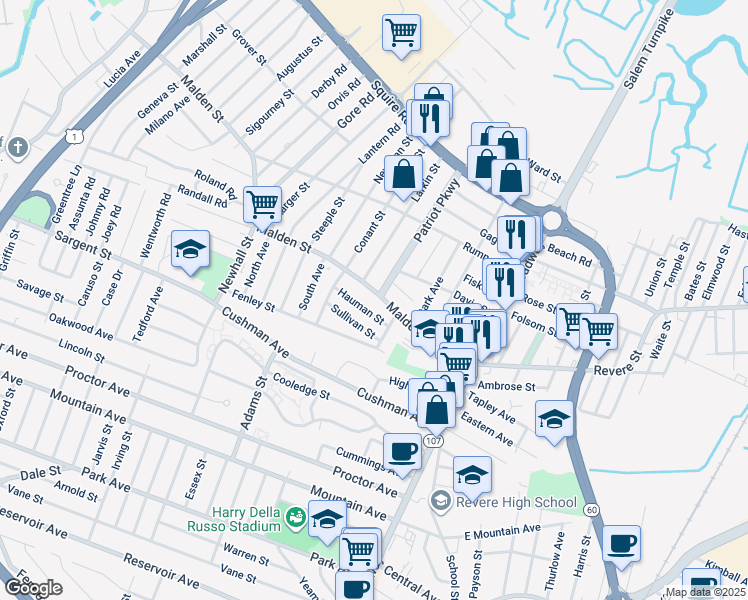 map of restaurants, bars, coffee shops, grocery stores, and more near 144 Malden Street in Revere