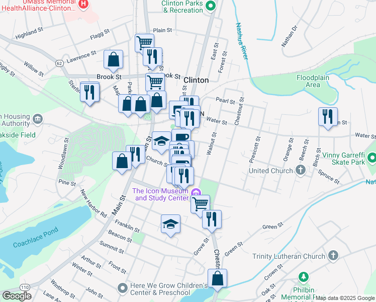 map of restaurants, bars, coffee shops, grocery stores, and more near 138 High Street in Clinton