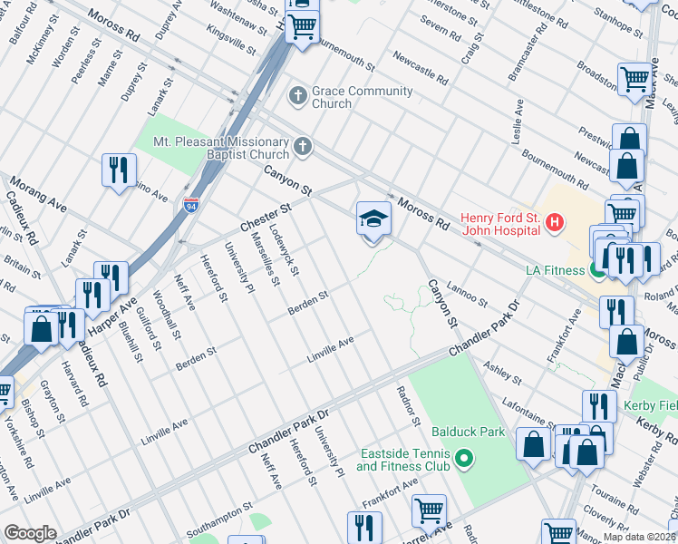 map of restaurants, bars, coffee shops, grocery stores, and more near 6101 Radnor Street in Detroit
