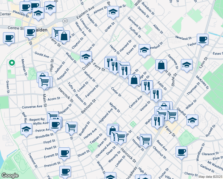 map of restaurants, bars, coffee shops, grocery stores, and more near 18 Washington Street in Everett