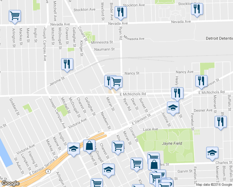 map of restaurants, bars, coffee shops, grocery stores, and more near 3805 McNichols Rd E in Detroit