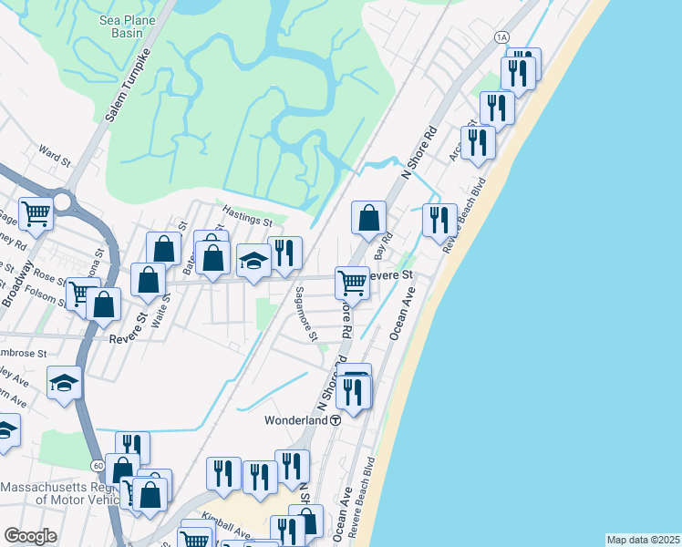 map of restaurants, bars, coffee shops, grocery stores, and more near 508 Revere Street in Revere