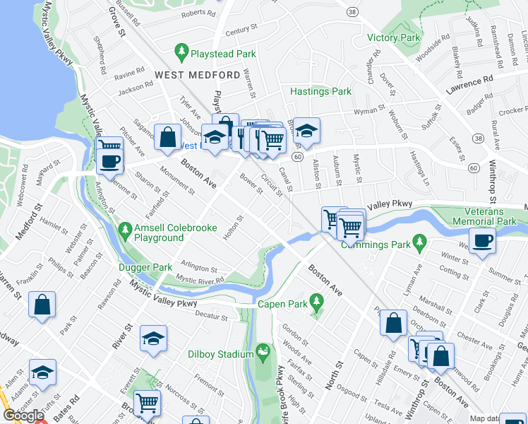 map of restaurants, bars, coffee shops, grocery stores, and more near 11 Temple Street in Medford