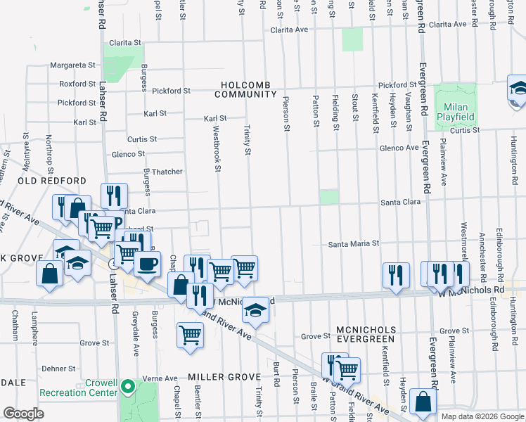 map of restaurants, bars, coffee shops, grocery stores, and more near 20847 Santa Clara in Detroit