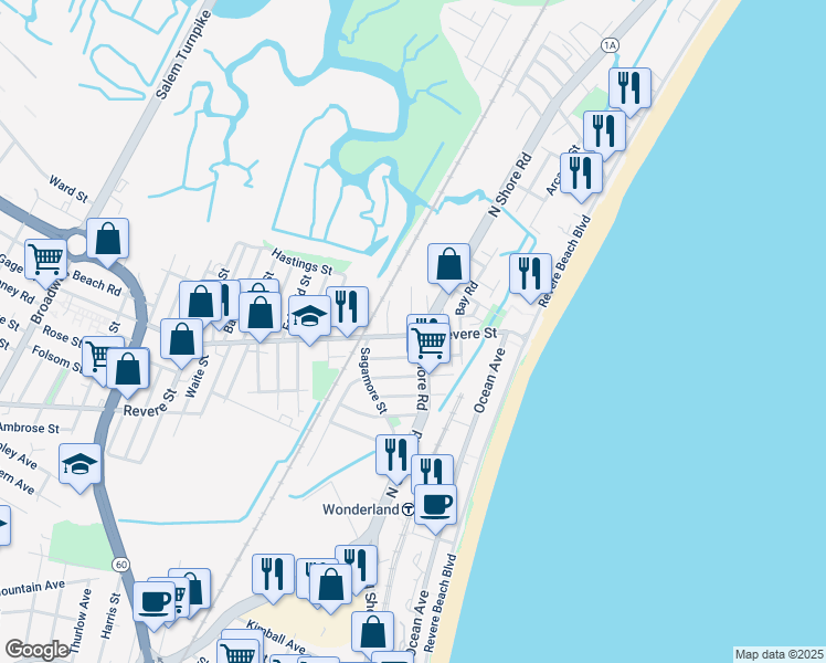 map of restaurants, bars, coffee shops, grocery stores, and more near 489 Revere Street in Revere
