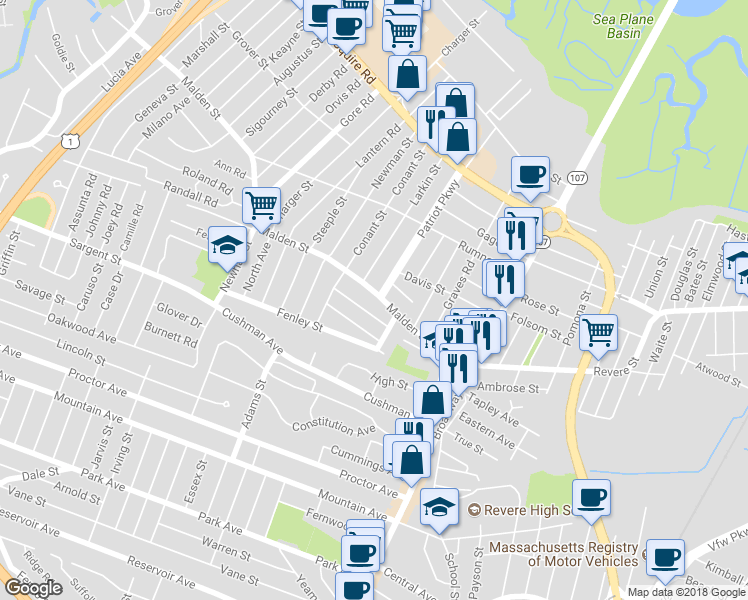 map of restaurants, bars, coffee shops, grocery stores, and more near 126 Malden Street in Revere