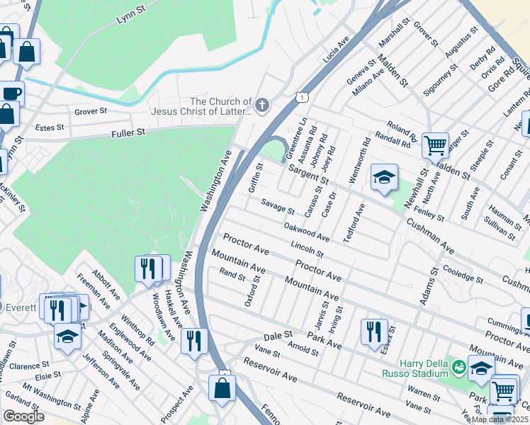 map of restaurants, bars, coffee shops, grocery stores, and more near 75 Oakwood Avenue in Revere