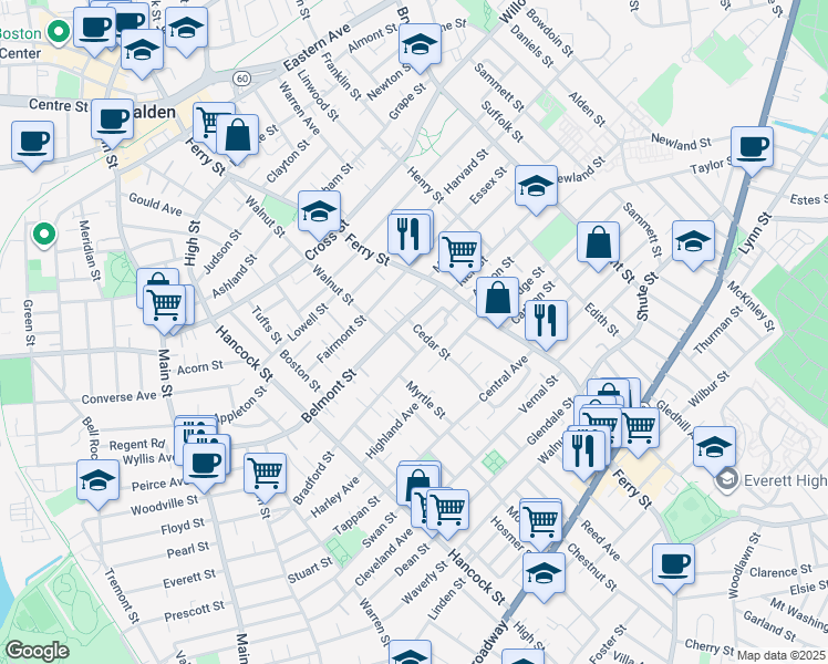 map of restaurants, bars, coffee shops, grocery stores, and more near 18 Washington Street in Everett