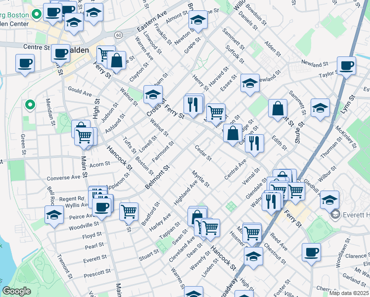 map of restaurants, bars, coffee shops, grocery stores, and more near 18 Washington Street in Everett
