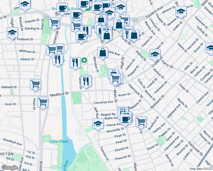 map of restaurants, bars, coffee shops, grocery stores, and more near 29-31 Medford Street in Malden