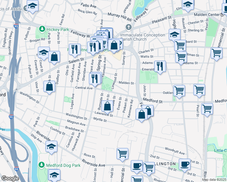 map of restaurants, bars, coffee shops, grocery stores, and more near 171 Central Avenue in Medford