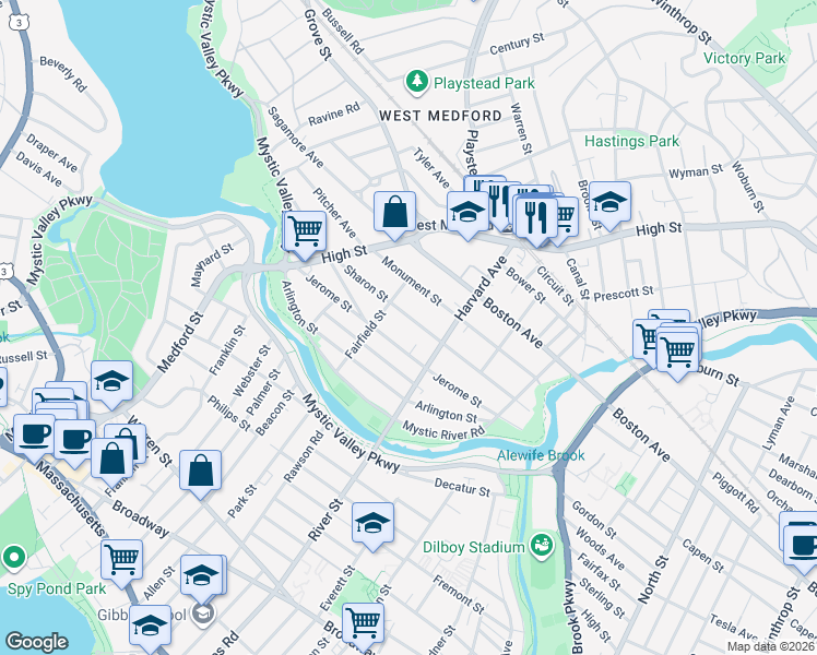 map of restaurants, bars, coffee shops, grocery stores, and more near 84 Jerome Street in Medford