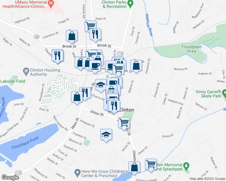 map of restaurants, bars, coffee shops, grocery stores, and more near 138 High Street in Clinton